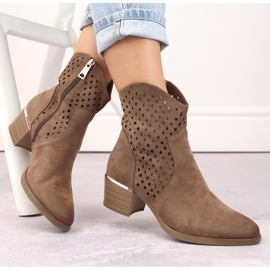 Suede women's openwork cowboy boots, brown, Vinceza 58239 1