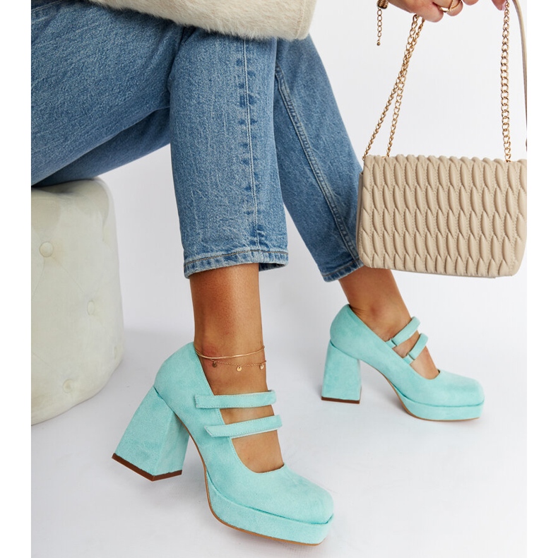 Cher turquoise pumps with a massive block heel green 1
