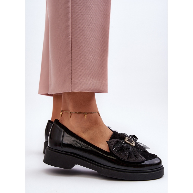 Women's Patent Leather Moccasins With a Bow Laura Messi 2786 Black 1