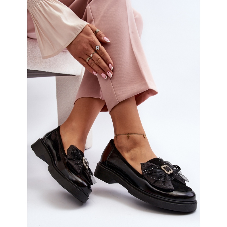 Women's Patent Leather Moccasins With a Bow Laura Messi 2786 Black 2