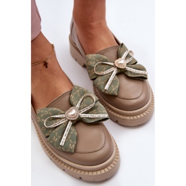 Women's Leather Moccasins With a Bow Laura Messi 2787 Beige 1