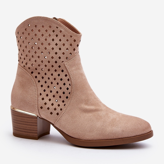 Vinceza Beige Openwork Low Heel Ankle Boots Cilvana 1