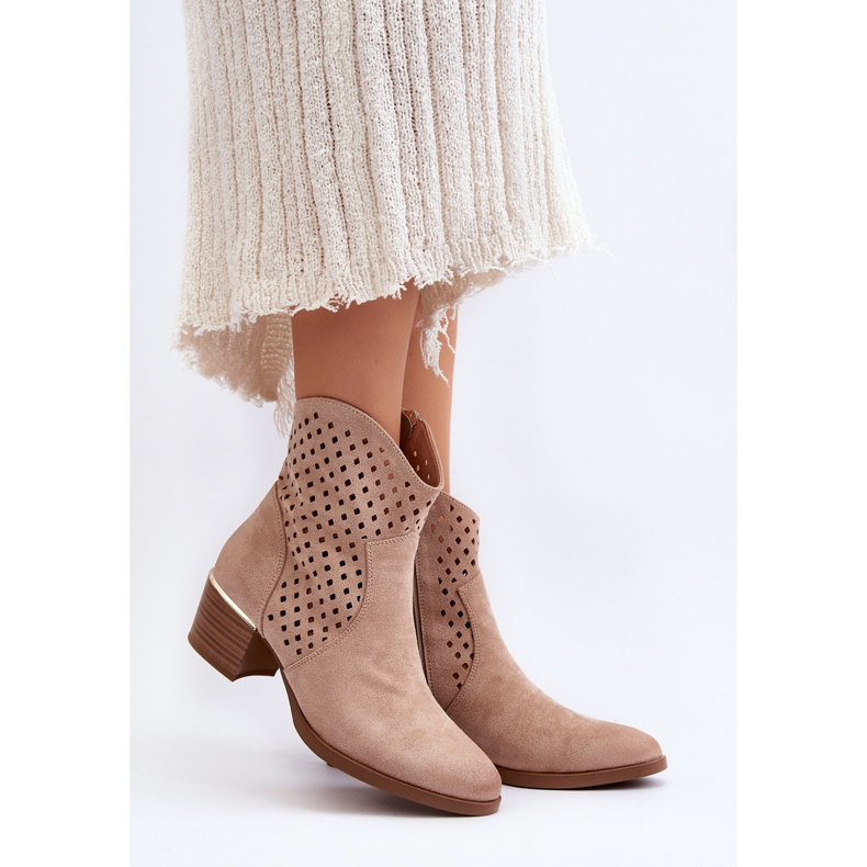 Vinceza Beige Openwork Low Heel Ankle Boots Cilvana 2