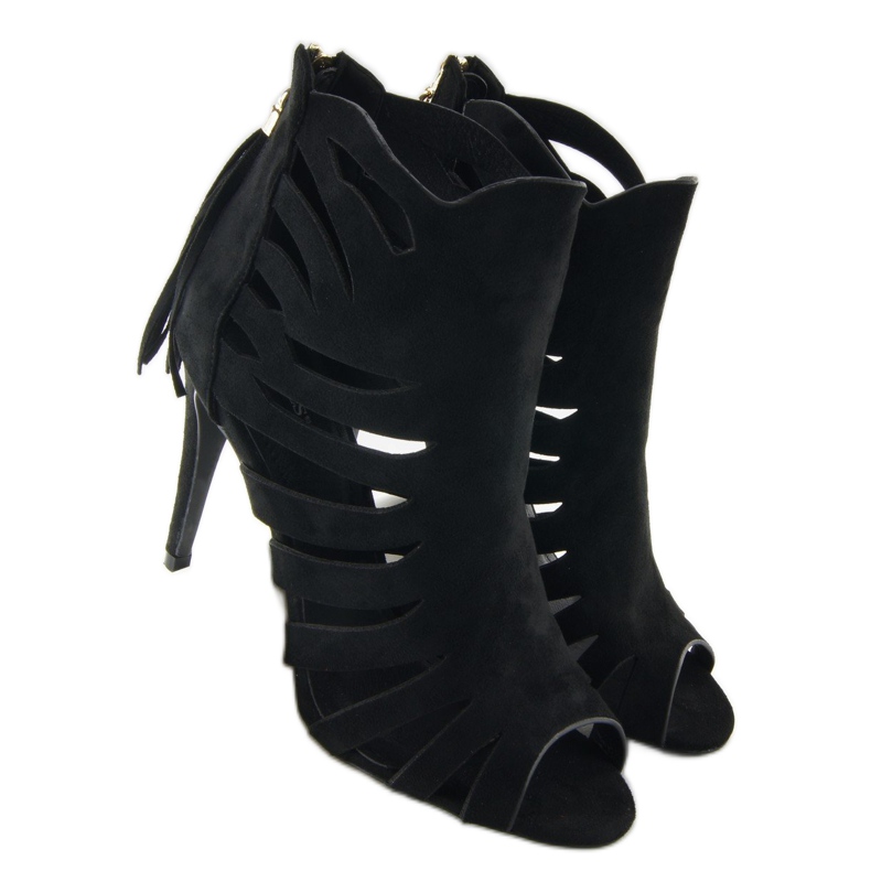 Openwork 1214 Black fringed heels 2