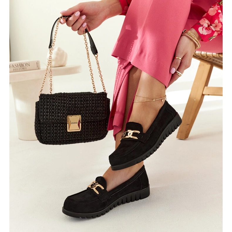 Black suede moccasins with a Sardis buckle 2