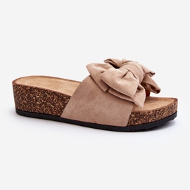 Women's flip-flops on a cork platform with a bow Khaki Tarena beige 1