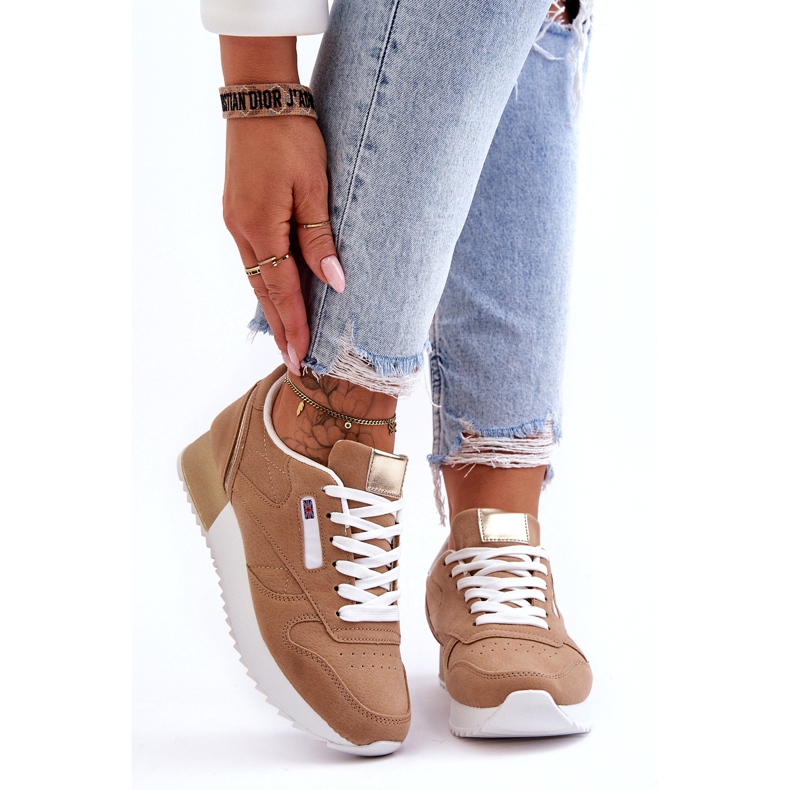 Beige Leather Lace-Up Sports Shoes on a Platform 4
