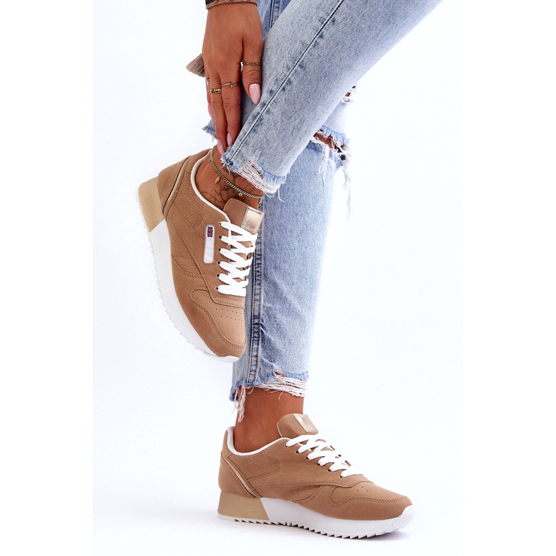 Beige Leather Lace-Up Sports Shoes on a Platform 1