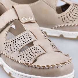 Women's leather openwork shoes with velcro, beige Rieker 49958-61 1