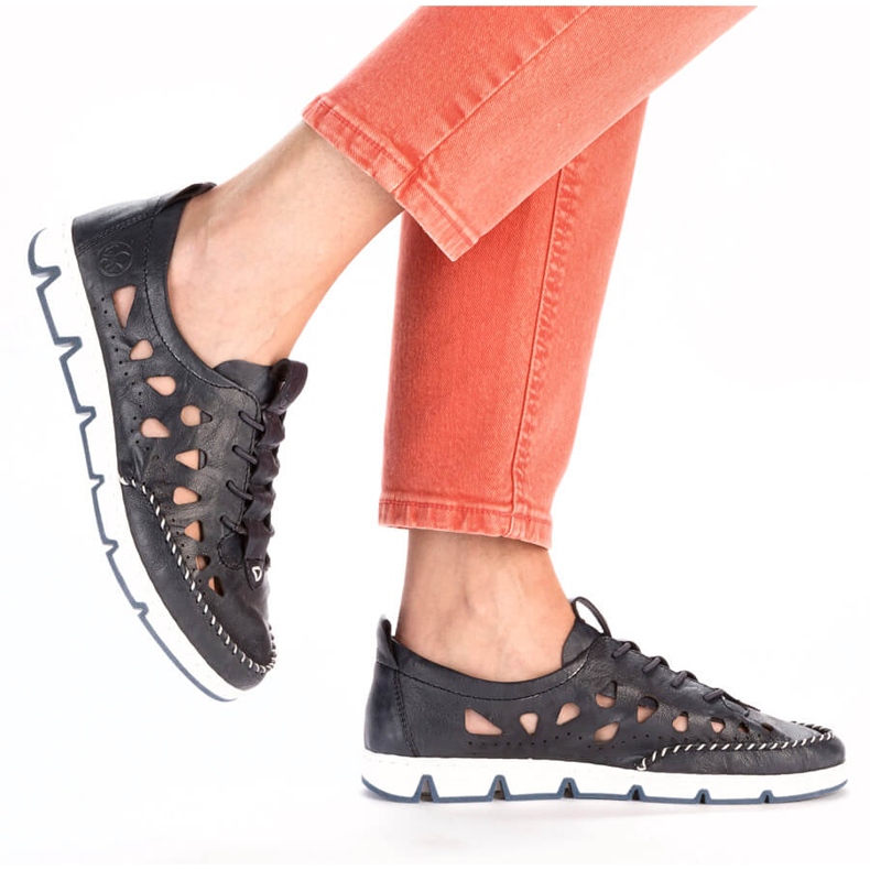 Women's leather openwork slip-on shoes, navy blue Rieker 49956-14 2