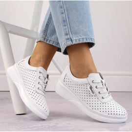 Women's leather sports openwork wedges, white Vinceza 7890 1