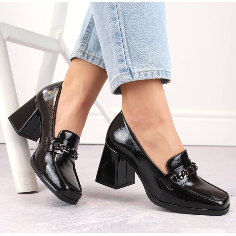 Ladies' patent shoes with a decorative heel, black Potocki 12322 beige 1