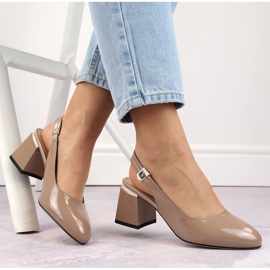 Ladies' elegant patent leather sandals with a high heel, beige Vinceza 66600 1