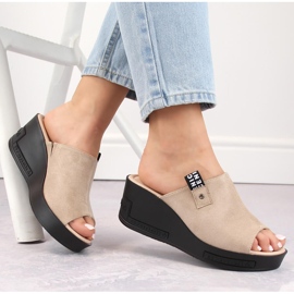 Beige women's suede wedge slippers Vinceza 58291 1