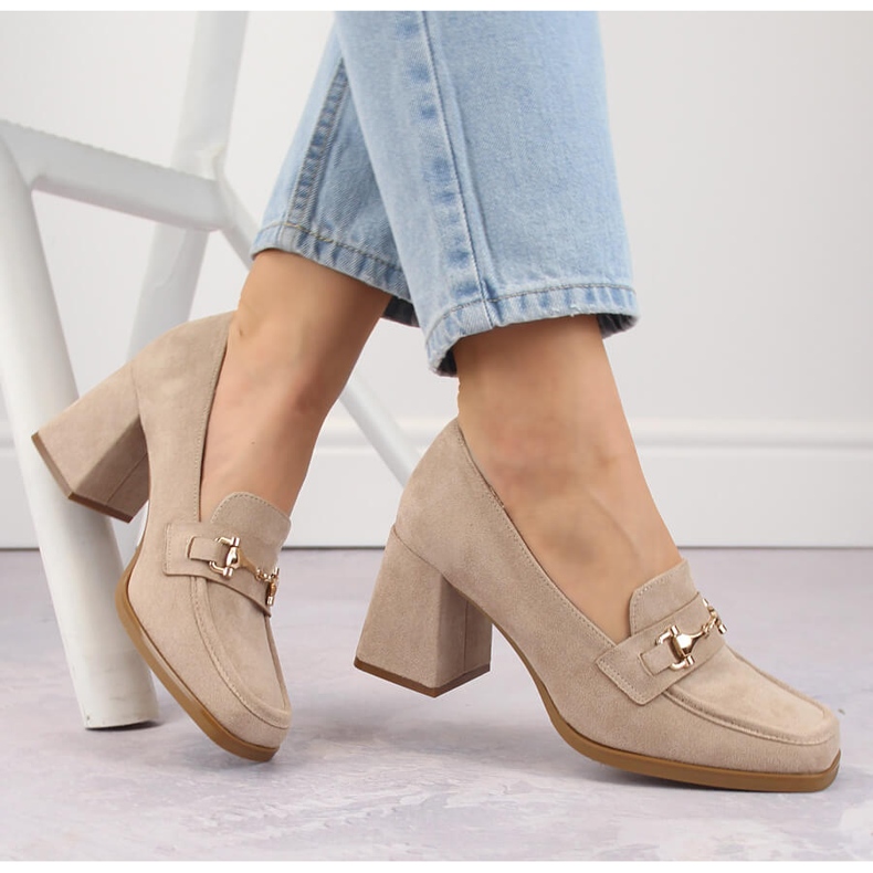 Women's suede shoes with a decorative heel, beige Potocki 12354 1