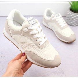 Women's leather lace-up sports shoes, beige Vinceza 72301 1