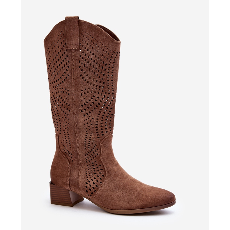 Vinceza Openwork Low Heel Boots Brown Walea 1