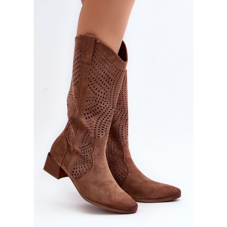 Vinceza Openwork Low Heel Boots Brown Walea 2