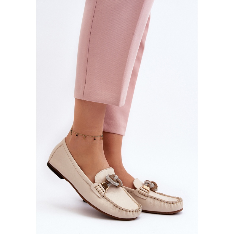 Women's Leather Moccasins With Decoration Laura Messi 2761 Light Beige 2