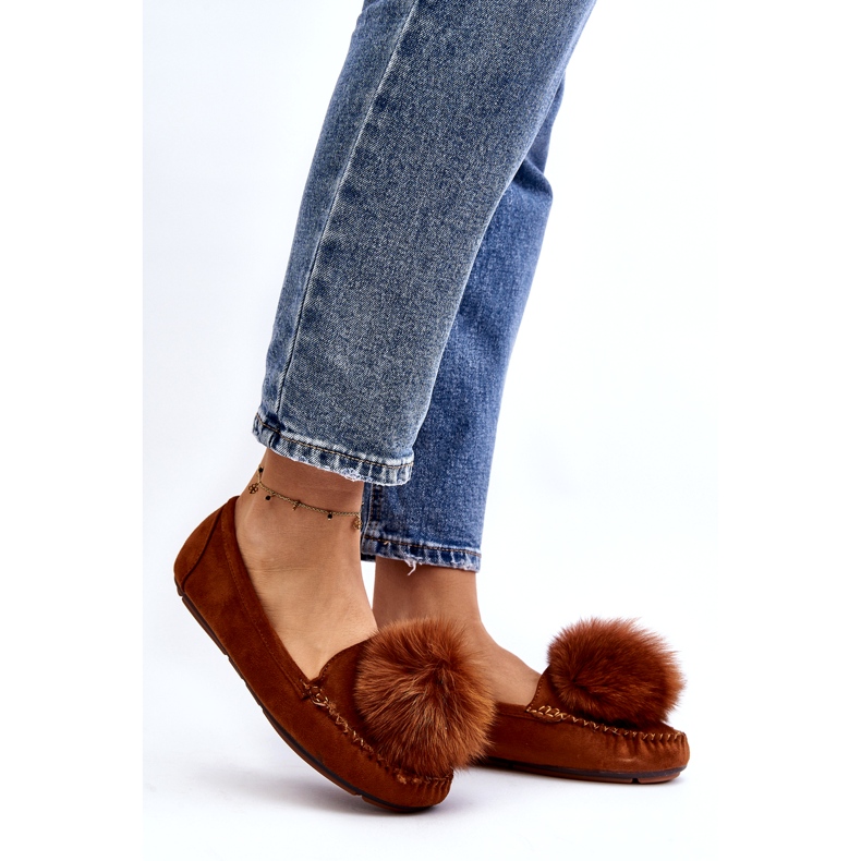 Women's Camel's fur loafers with fur and pompom brown 1
