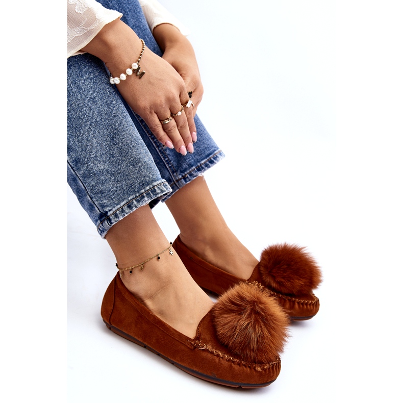 Women's Camel's fur loafers with fur and pompom brown 3 Women's Camel's fur loafers with fur and pompom brown 3