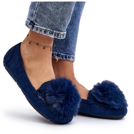 Women's blue loafers with fur and pompom 4 Women's blue loafers with fur and pompom 4