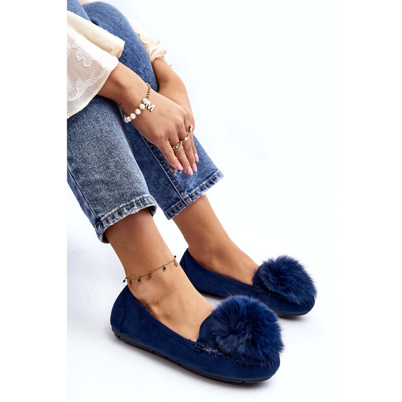 Women's blue loafers with fur and pompom 3 Women's blue loafers with fur and pompom 3