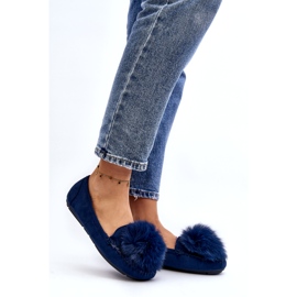 Women's blue loafers with fur and pompom 1 Women's blue loafers with fur and pompom 1