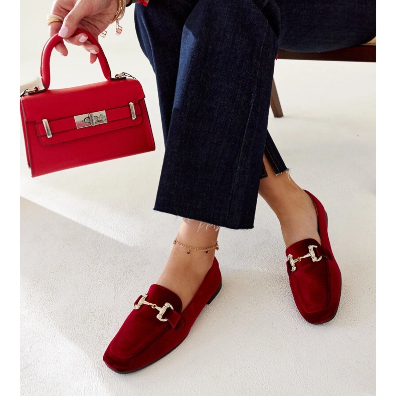 Burgundy velvet moccasins with rhinestones by Fabrizia red 1