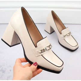 Ladies' patent shoes with a decorative heel, beige Potocki 12322 1