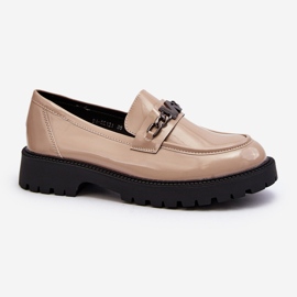 Vinceza Women's Patent Leather Moccasins on a Flat Heel, Beige Ezoma 1
