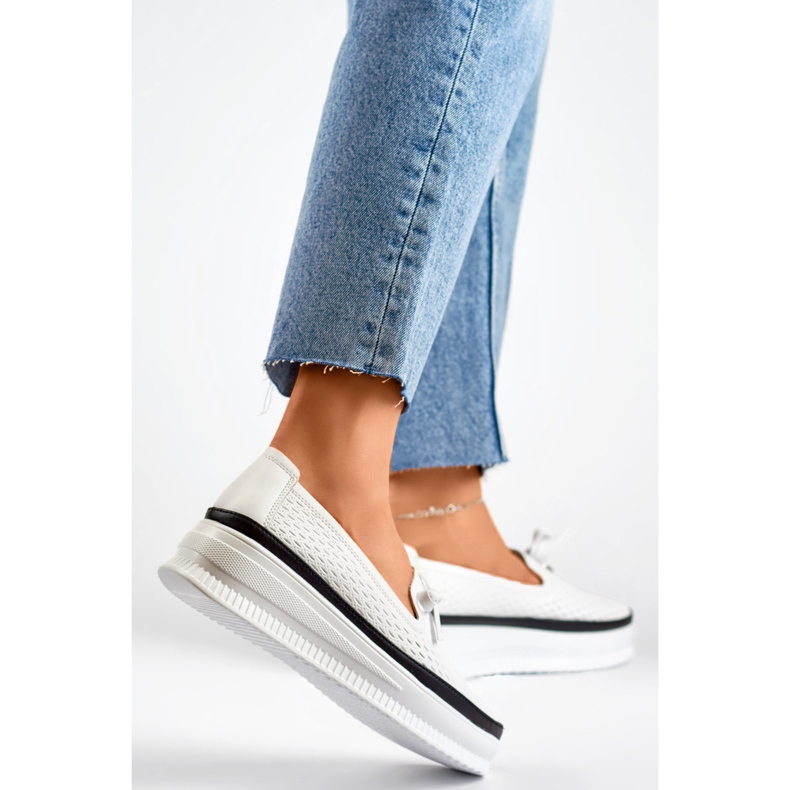 Leather openwork shoes for women, comfortable moccasins made of natural leather white 1