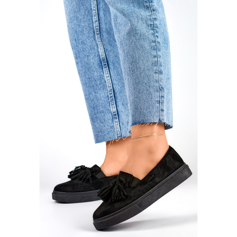 Black women's shoes with fringes, black moccasins with fringes 2