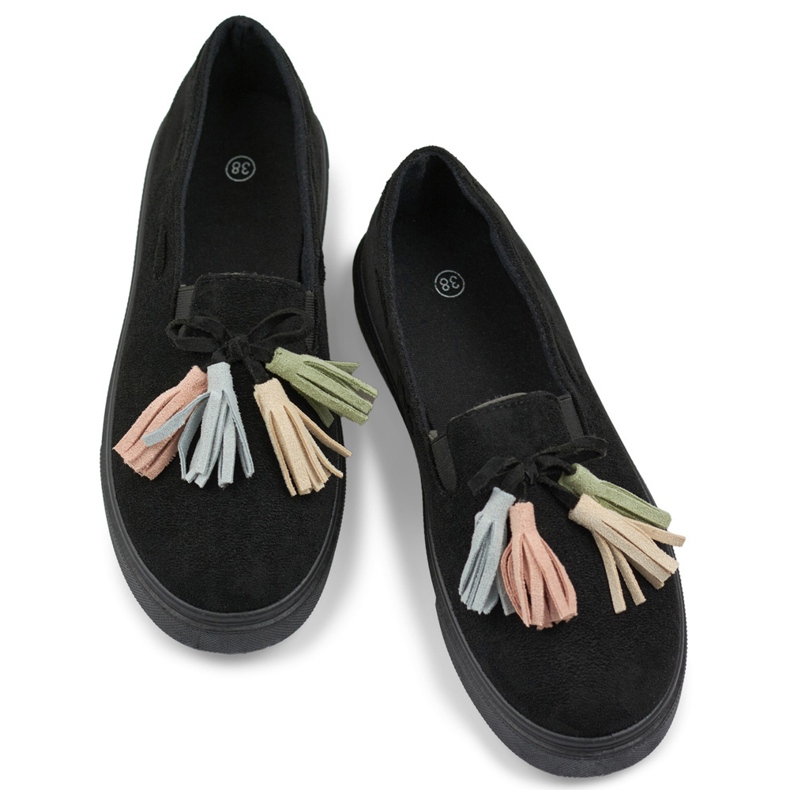 Black women's shoes with colorful fringes, black moccasins with fringes 1