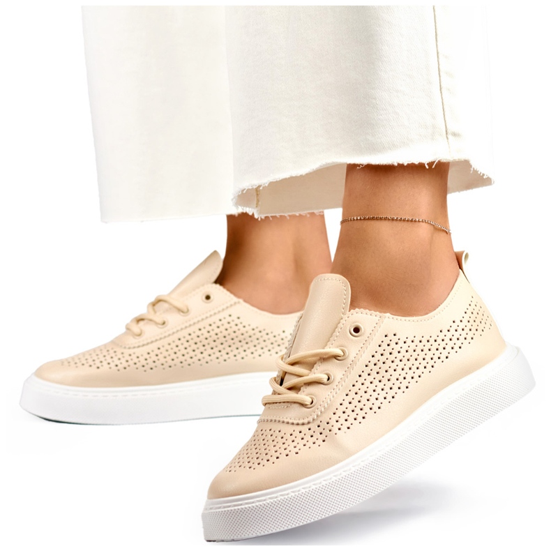 Beige openwork women's sneakers with a thick sole 1