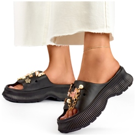 Women's black rubber flip-flops with decorations 1