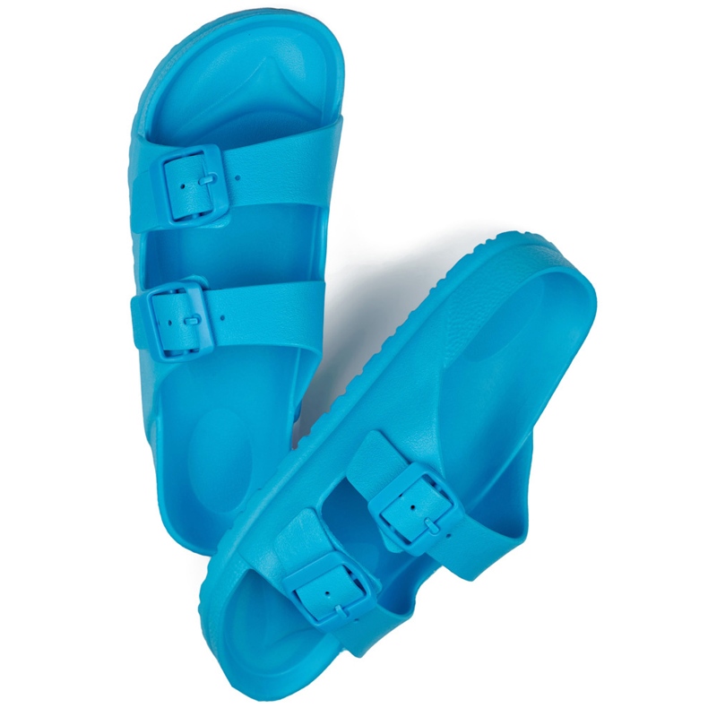 Blue flip-flops with two buckles 1