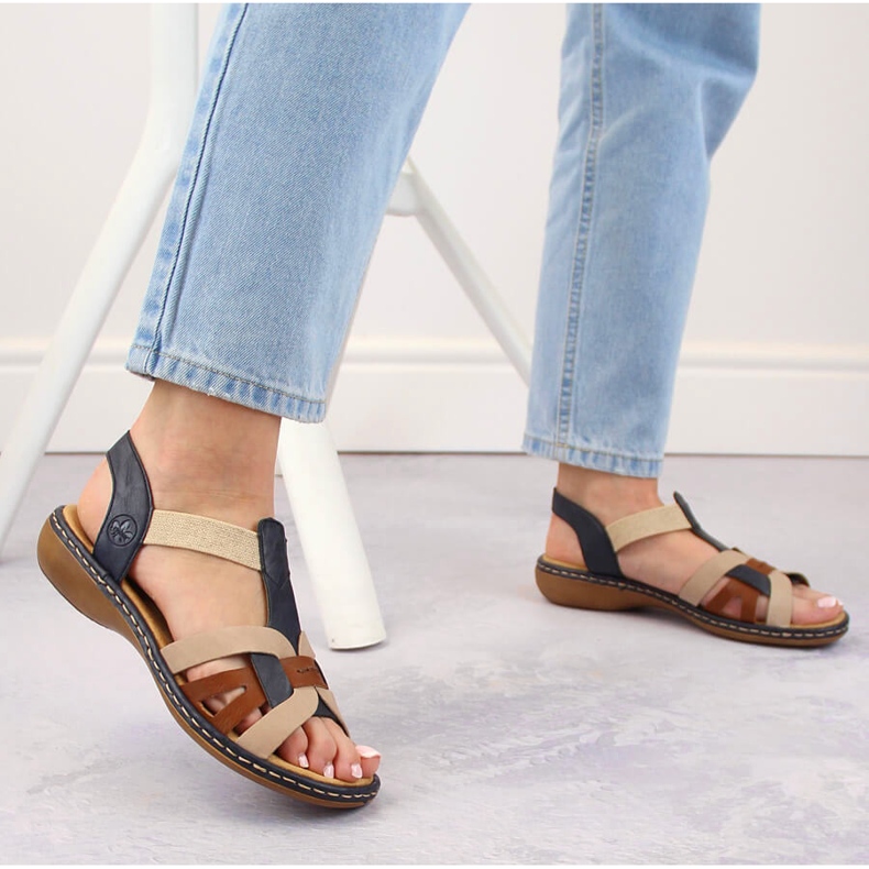 Comfortable women's slip-on sandals with multicolor elastic bands, Rieker 65918-90 beige 2
