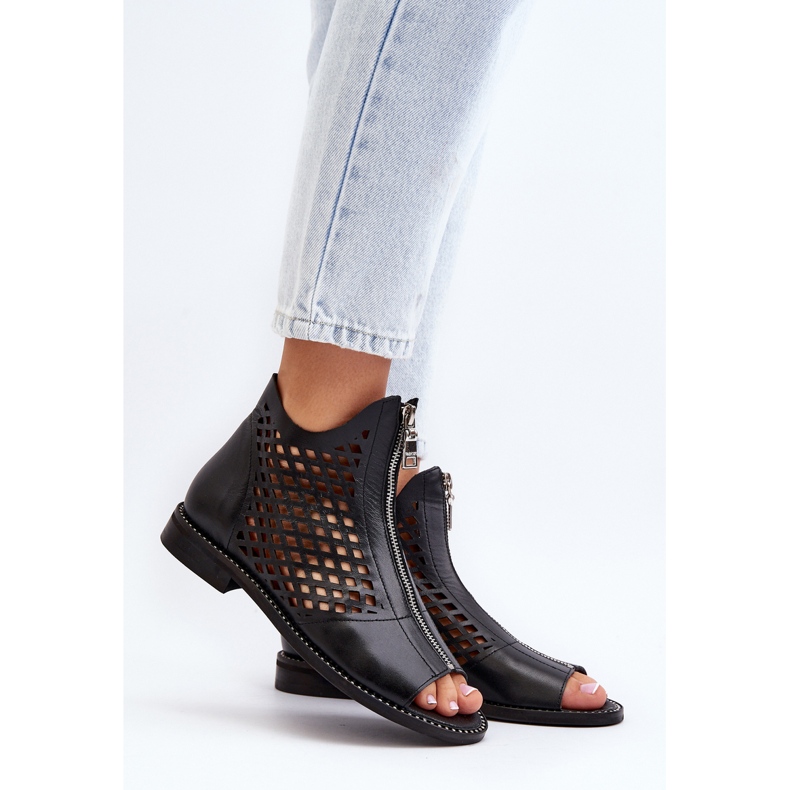 Zazoo 977/L Leather Openwork Sandals With Zipper black 2