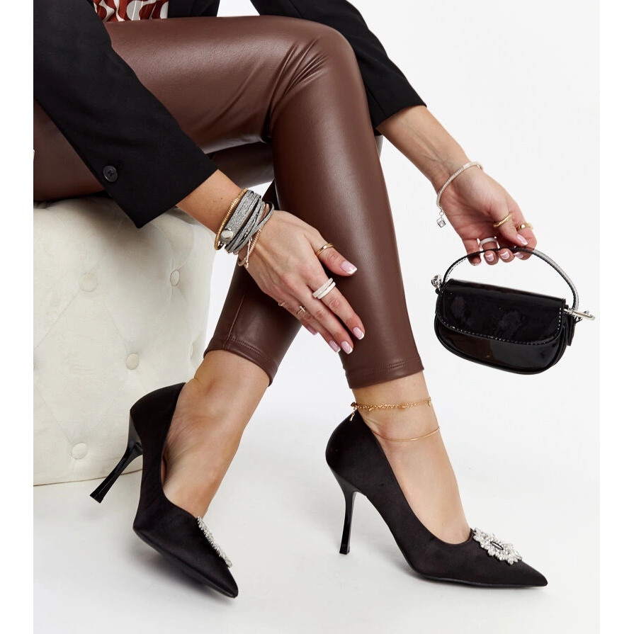 Black high heels with a satin finish and rhinestones by Susegana KeeShoes