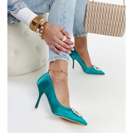 Green high heels with a satin finish and rhinestones by Susegana 1