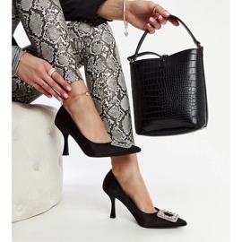 Black high heels with a satin finish and Clemente rhinestones 1