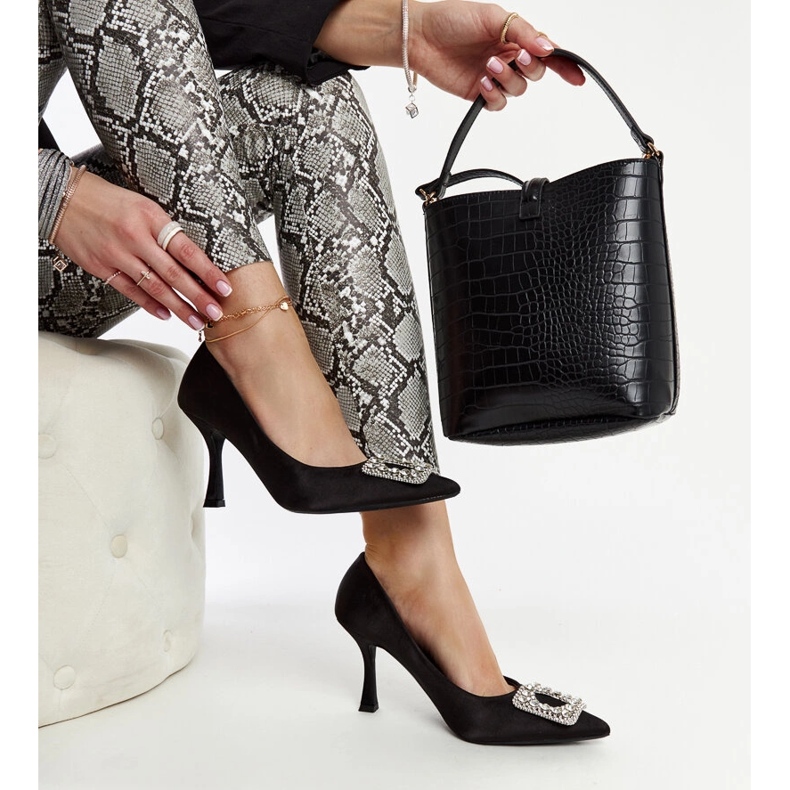 Black high heels with a satin finish and Clemente rhinestones 1