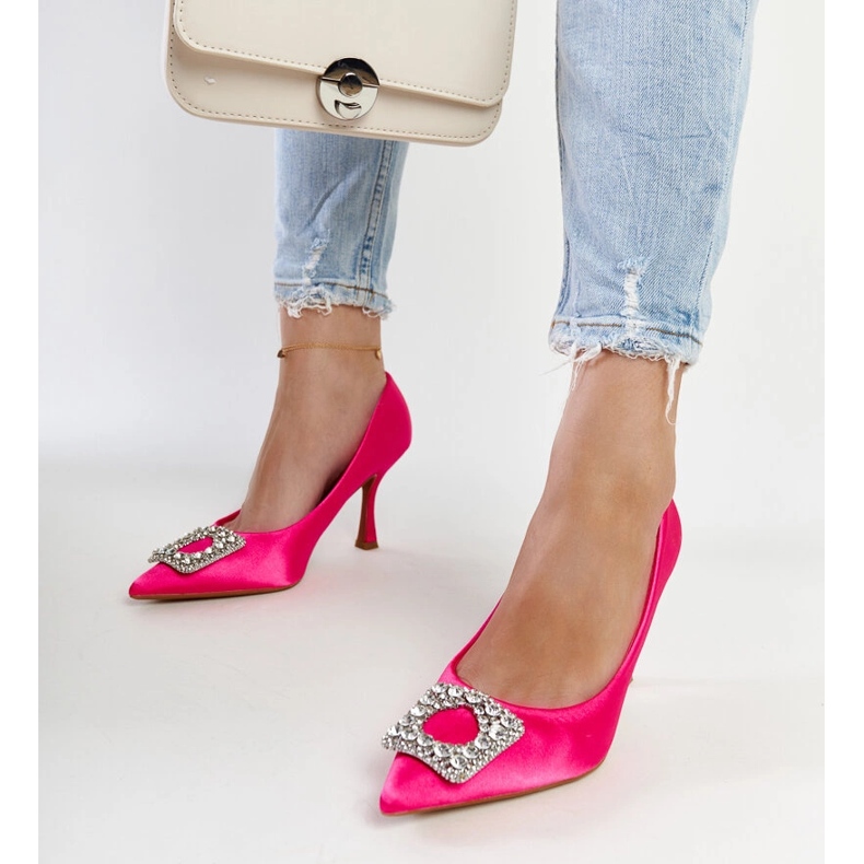 Pink high heels with a satin finish and Clemente rhinestones 1