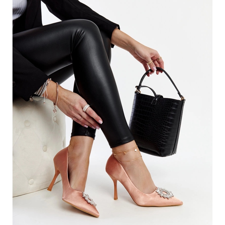 Beige high heels with a satin finish and rhinestones by Susegana 1