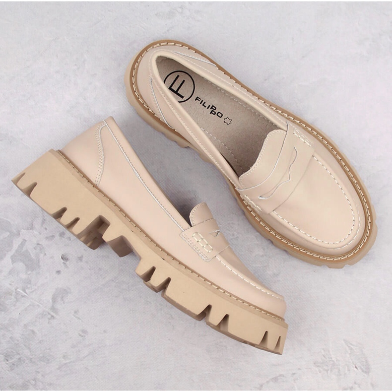 Leather shoes, women's moccasins with heels and platform, beige Filippo DP6088 1