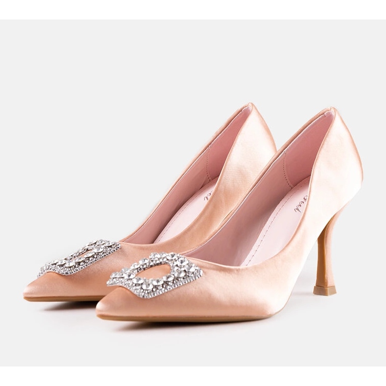 Beige high heels with a satin finish and Clemente rhinestones 2