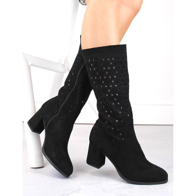 Women's black suede openwork boots Daszyński 1