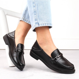 Women's leather low-heeled loafers, black Vinceza 58233 1