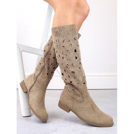 Suede women's openwork boots with low heels, beige Jezzi ASA142-50 1